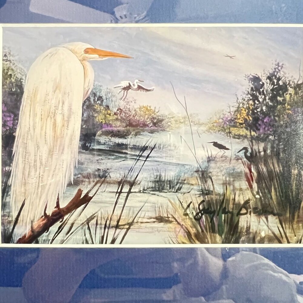 Vtg White Heron Egret Bird Print‎ Framed Wall Art Rustic Wood Frame Blue Matte